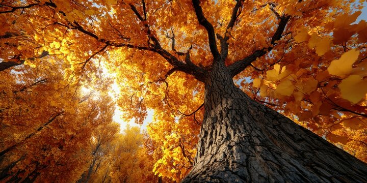 Looking up at a tall tree with orange leaves in Autumn