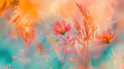 A dreamy floral scene with pink cosmos flowers and soft pastel colors in a blurred background style