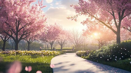 A blooming cherry blossom park in spring, soft sunlight, pastel tones, cinematic atmosphere, 85mm lens, ultra realistic 