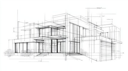 Fototapeta premium Modern house architectural sketch design drawing