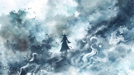 watercolor painting style Sky mage controlling
