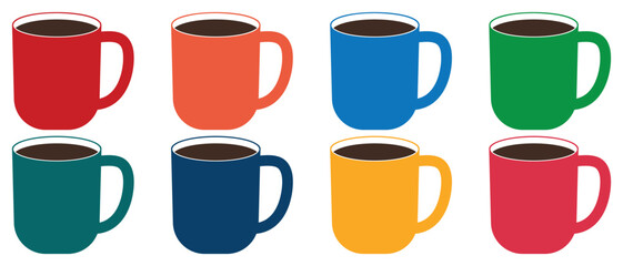 Coffee cup icon vector set. Set of colorful cups, coffee mug symbol and sign. Hot coffee cup icon. Vector illustration.