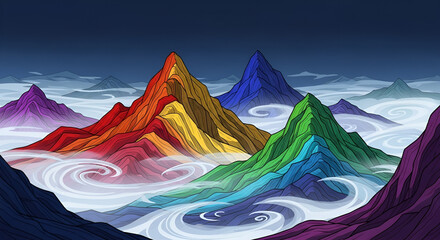 A vibrant fantasy landscape featuring a panoramic view of majestic rainbow-colored mountain peaks emerging from a sea of swirling clouds