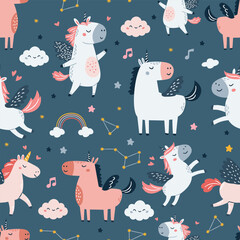 A set of flat vector illustrations in a simple children's style. Cute unicorns with wings, stars, clouds, constellations, notes. Seamless vector pattern. Vector illustration
