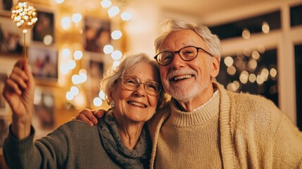 Senior couple celebrating with festive lights