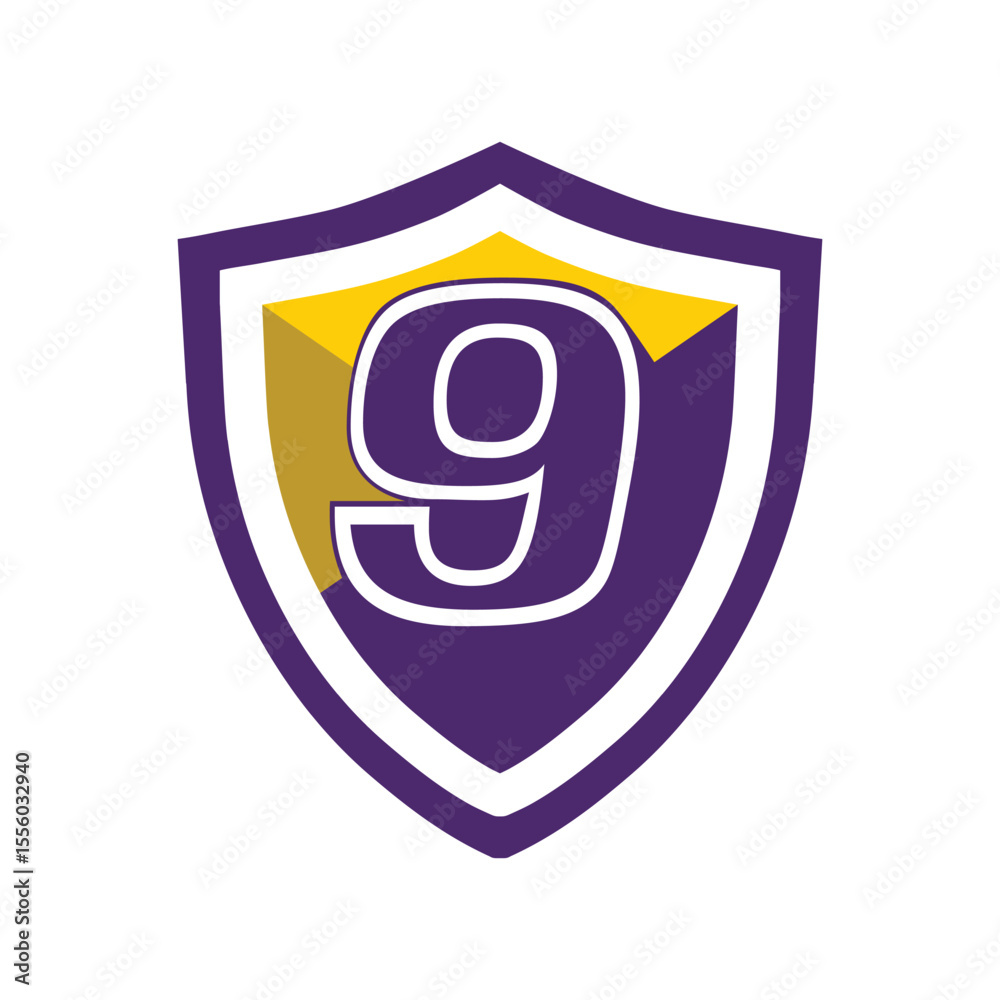 Fototapete this is a logo of an initial number 9 on a shield in bold font in college varsity style in purple an