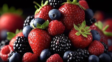 Fototapeta premium Vibrant mix of strawberries, blueberries, raspberries, and blackberries creates a visually appealing and mouthwatering presentation, highlighting the freshness and natural beauty of these fruits