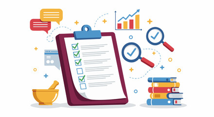  Task Completion, Quality Checklist, and Data Analysis Concept. Illustration of a checklist with checkmarks, analysis tools, and feedback elements for quality control.