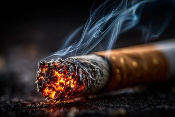 Close-up of a burning cigarette with glowing ash and smoke against a dark background.