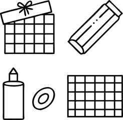 Glue sticks, graph paper, greeting cards, gum tape, gift tags icon