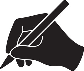 A hand holding an invisible pen or pencil, poised in the classic tripod grip for writing or drawing vector silhouette art on white background