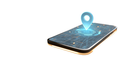 Smartphone with holographic map and location pin, floating screen, PNG