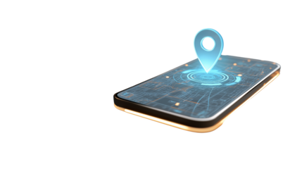 Smartphone with holographic map and location pin, floating screen, PNG