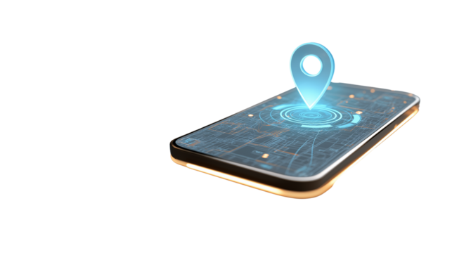 Smartphone with holographic map and location pin, floating screen, PNG