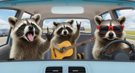 Three funny raccoons in a car traveling to a rock concert