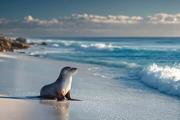 Fototapeta premium Wild australian sea lion lounging on the sandy shores of kangaroo island, basking in the warm sun and enjoying the gentle turquoise waves of the ocean