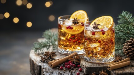 Festive holiday cocktails garnished with orange, cranberries, and star anise on wood