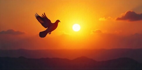Dove Silhouette Ascending at Sunrise Hope, Peace, and Spiritual Awakening