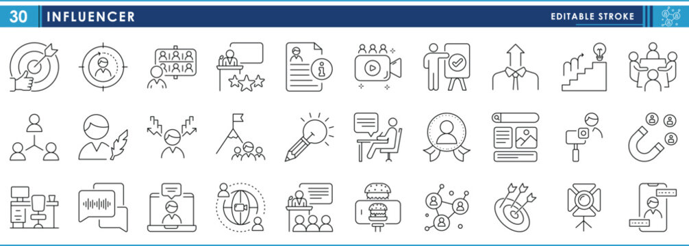 A set of line icons related to Influencer. Coach, market, success, training, writer, content creation, workplace, attract, and so on. Vector editable stroke.