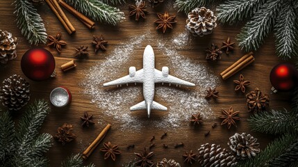 Festive Holiday Travel Scene Featuring Airplane Model Surrounded by Christmas Decor