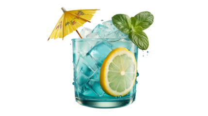 Icy tropical cocktail in glass with mint, lemon and umbrella, isolated PNG