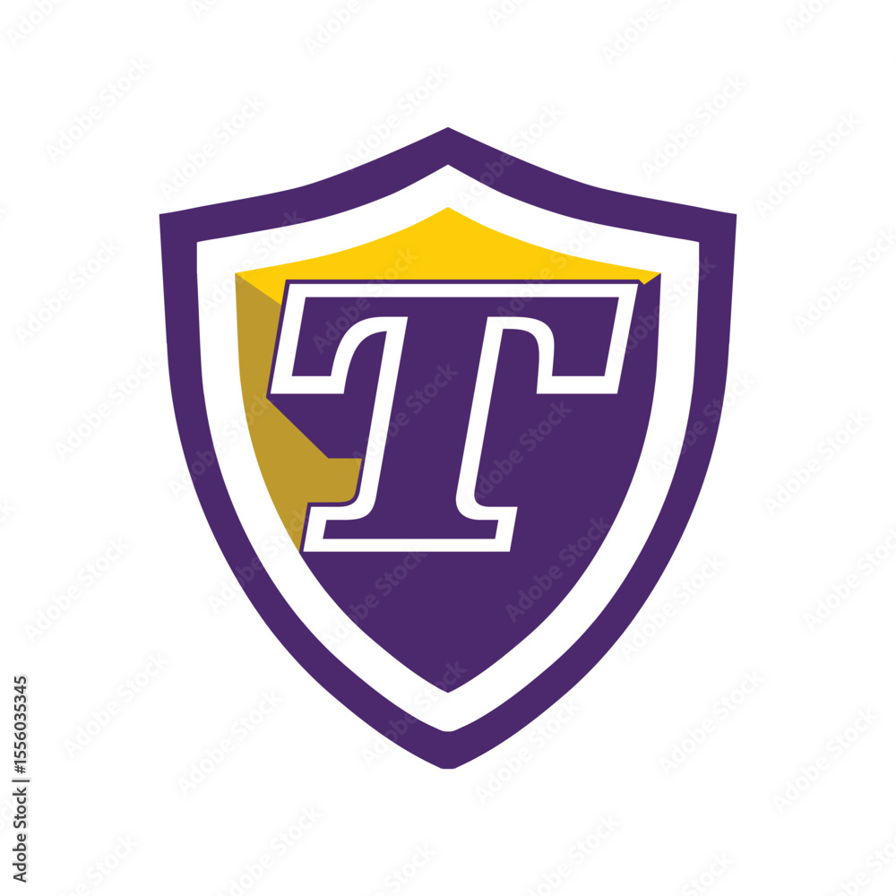 Fototapete this is a logo of an initial letter t on a shield in bold font in college varsity style in purple an