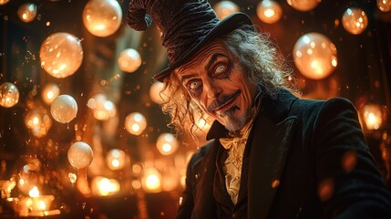 Fototapeta premium Mysterious wizard in enchanted setting surrounded by glowing orbs and magical atmosphere