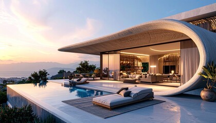 Fototapeta premium Traditional woven fabrics reimagined as architectural elements in a futuristic building facade, fusion of fashion and form