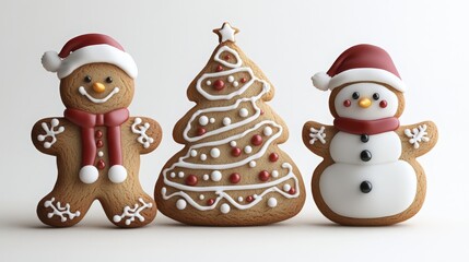 Festive trio of Christmas cookies gingerbread man, tree, and snowman