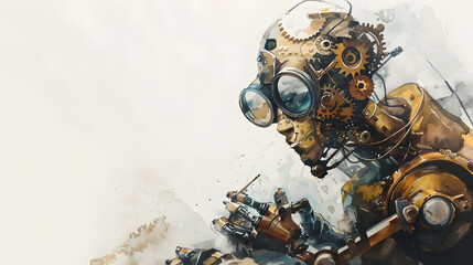 watercolor painting style Steampunk automaton