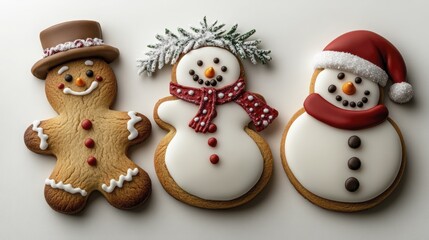 Festive Trio of Holiday Cookies Gingerbread Man, Snowman with Evergreen, and Santa