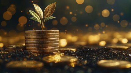 Financial Growth and Investment Conceptual Image with Golden Plant and Coins