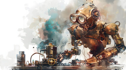 watercolor painting style Steampunk automaton