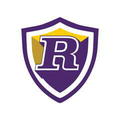 This is a logo of an initial letter R on a shield in bold font in college varsity style in purple and yellow color in simple flat style that looks bold and sporty on a white background