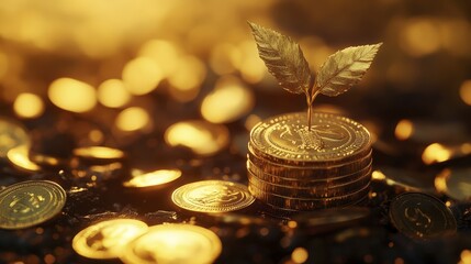 Golden coins stacked with a small plant growing out of the stack