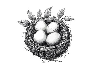 Spring bird nest engraving, vintage seasonal artwork, hand-drawn black line nature sketch, retro style decor, classic engraving design, countryside springtime art