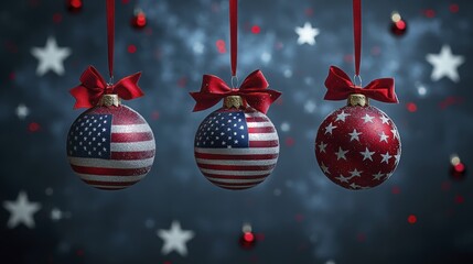Patriotic holiday decorations with American flag and stars on Christmas ornaments