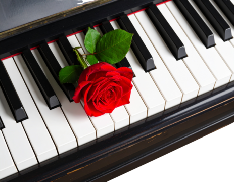 Minimal Red Rose on Classic Piano Keyboard, Isolated on Transparent Background