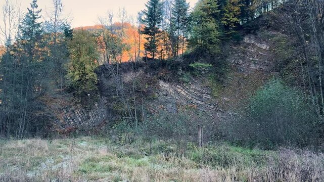 Projection of a spherical panorama 360 .onto a planet .Dovbush rocks in winter in Bubnyshche, Carpathians, Ukraine, Europe. Huge stone giants rise in the snowy transparent beech forest, all-round pano