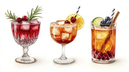 Three elegantly illustrated cocktail beverages with fresh fruit garnishes on a white backdrop