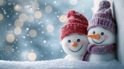 Two adorable snowmen friends enjoying the winter snowfall with festive hats