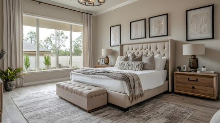 A spacious bedroom with a plush bed, textured fabrics, and aesthetic furniture in soothing tones. Ideal for promoting comfort, relaxation, and premium home decor.