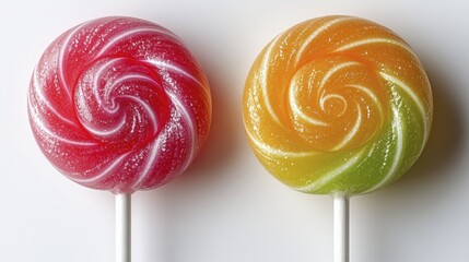 Two bright and colorful spiral lollipops create a sweet temptation against white background