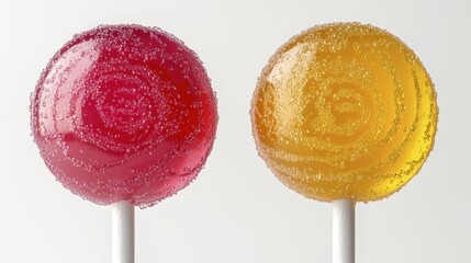 Two delicious lollipops, one red and one yellow, with crystalline sugar coating