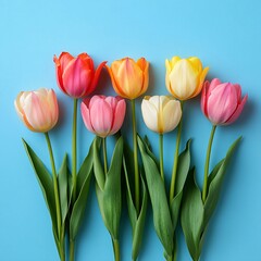 Row of multicolored tulips on a blue background. Generative AI