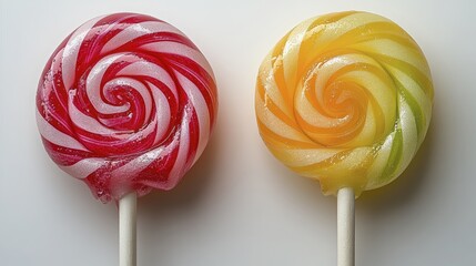 Two Swirled Lollipops in Red and Yellow Colors on a White Background