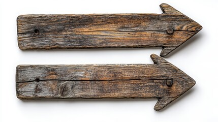 Two weathered wooden arrow signs pointing to the right on white background