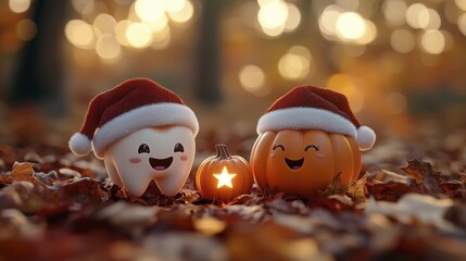Whimsical Holiday Scene with Tooth Character, Pumpkin and Starry Pumpkin