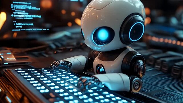 AI robot working on a computer with data code