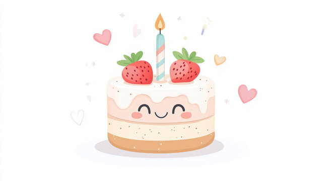 Adorable strawberry birthday cake with candle and heart decorations
